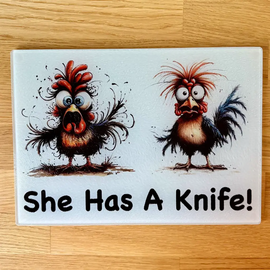 Glass Cutting Board 20 x 28 cm (Quirky Chikens)